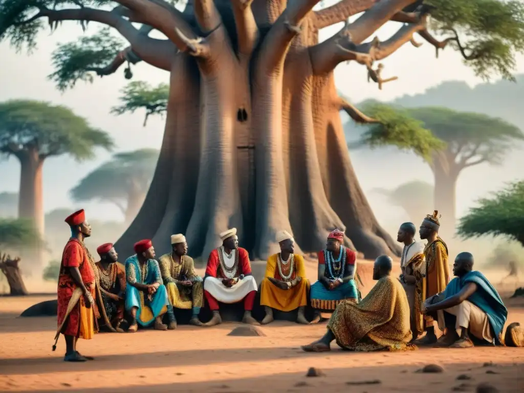 Reunión de líderes tribales africanos y colonizadores europeos bajo un baobab