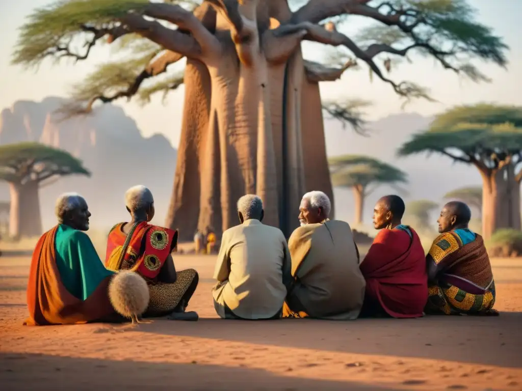 Reunión de sabios ancianos africanos bajo un baobab ancestral al atardecer, reflejando tradición y respeto