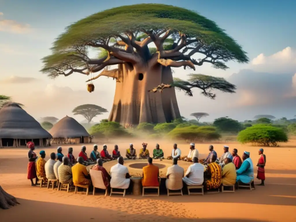 Una reunión del consejo tribal Ashanti bajo un baobab, detallando la organización política del imperio Ashanti