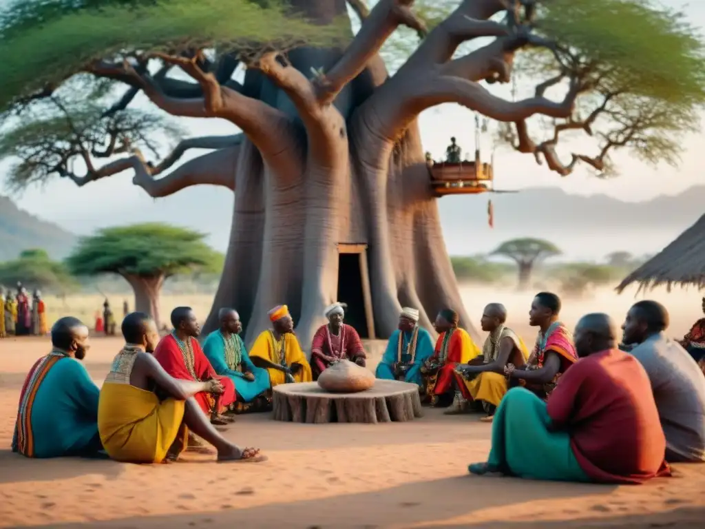 Reunión de consejo tribal bajo baobab: líderes en vestimenta tradicional discuten mientras niños juegan; reflejo de diplomacia en reinos africanos