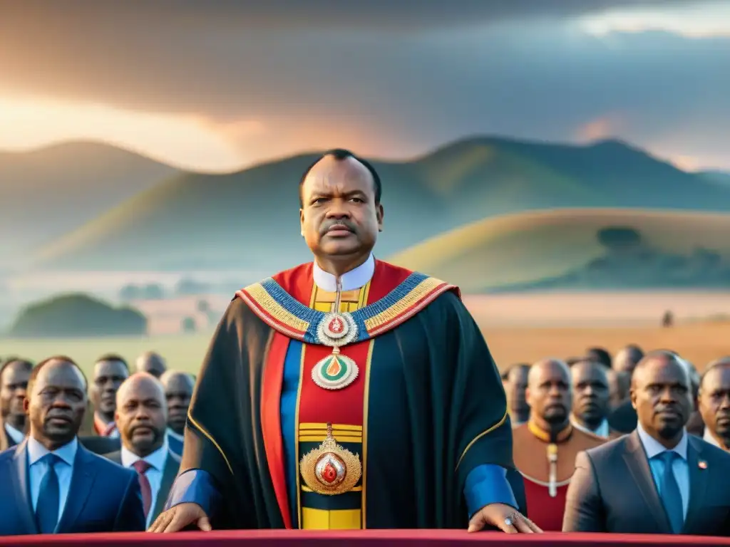 Rey Mswati III de Eswatini en regalia real, hablando ante su pueblo en un campo africano al atardecer