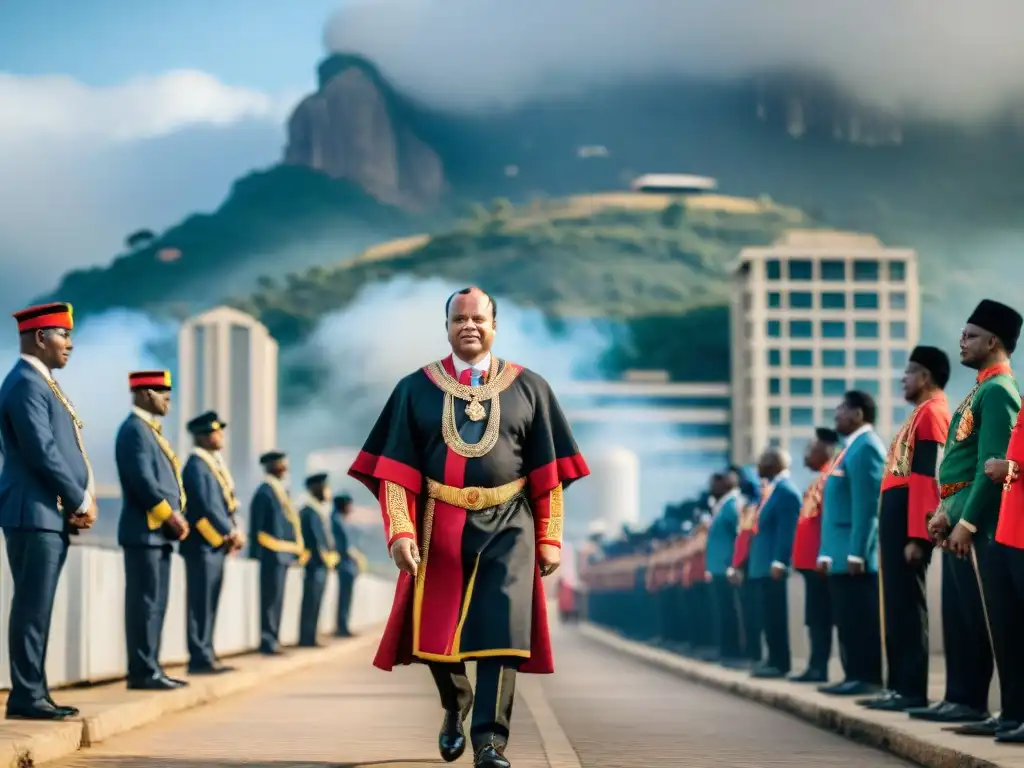 Rey Mswati III de Eswatini en traje tradicional, caminando por la ciudad entre tradición y modernidad