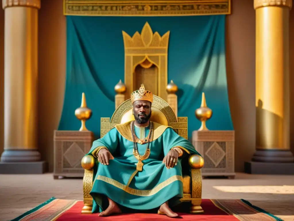 Rey africano Mansa Musa en trono dorado rodeado de su corte, mostrando influencia global