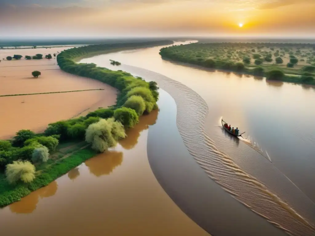 Un río majestuoso fluye por paisaje africano, reflejando el sol