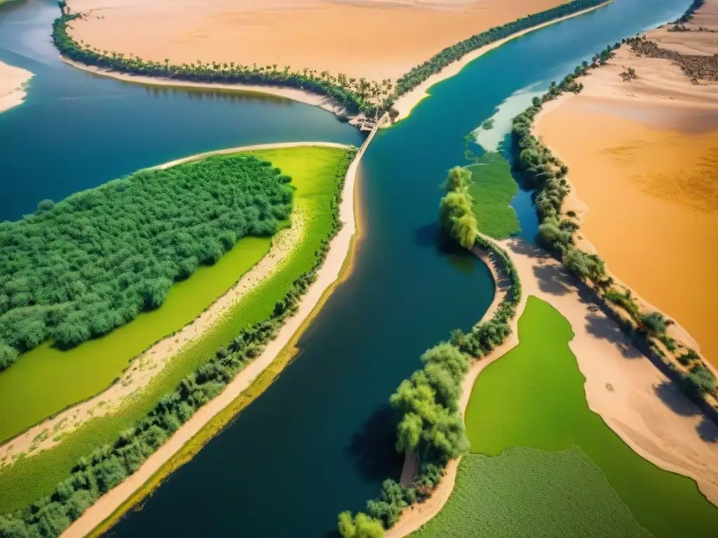 Un río Nilo majestuoso serpenteando por paisajes áridos de Egipto, con canales de riego e historia civilizaciones africanas mapas interactivos