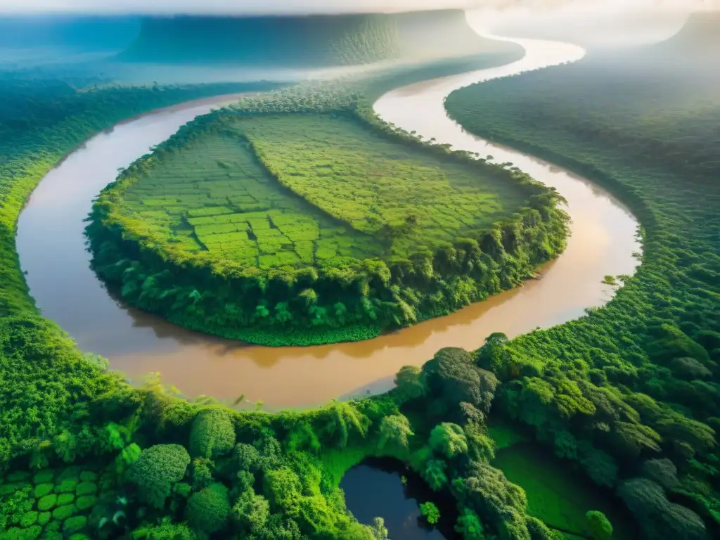 Un río poderoso serpenteando por exuberantes bosques verdes en África, con barcos y aldeanos recolectando agua en las orillas