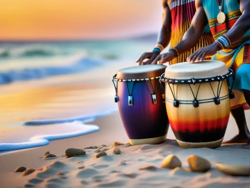 Ritmo ancestral: músicos tocan tambores africanos en la playa al atardecer, reflejos vibrantes en el agua