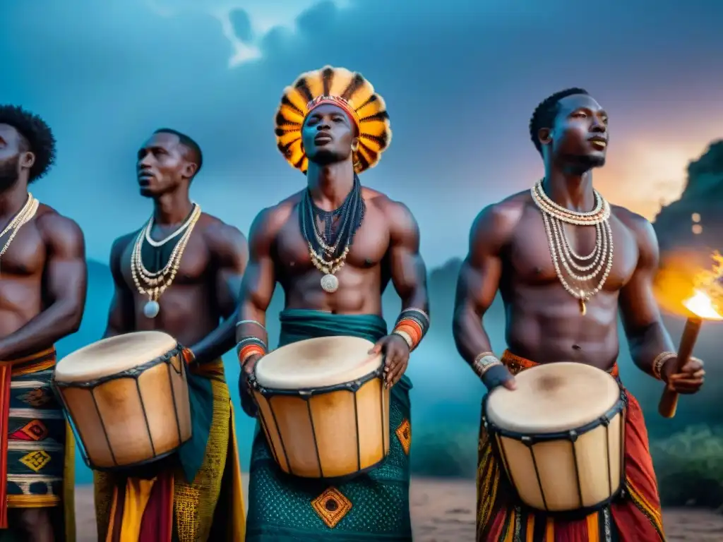 Ritmo y espiritualidad: grupo de músicos africanos en ritual sagrado bajo la luna