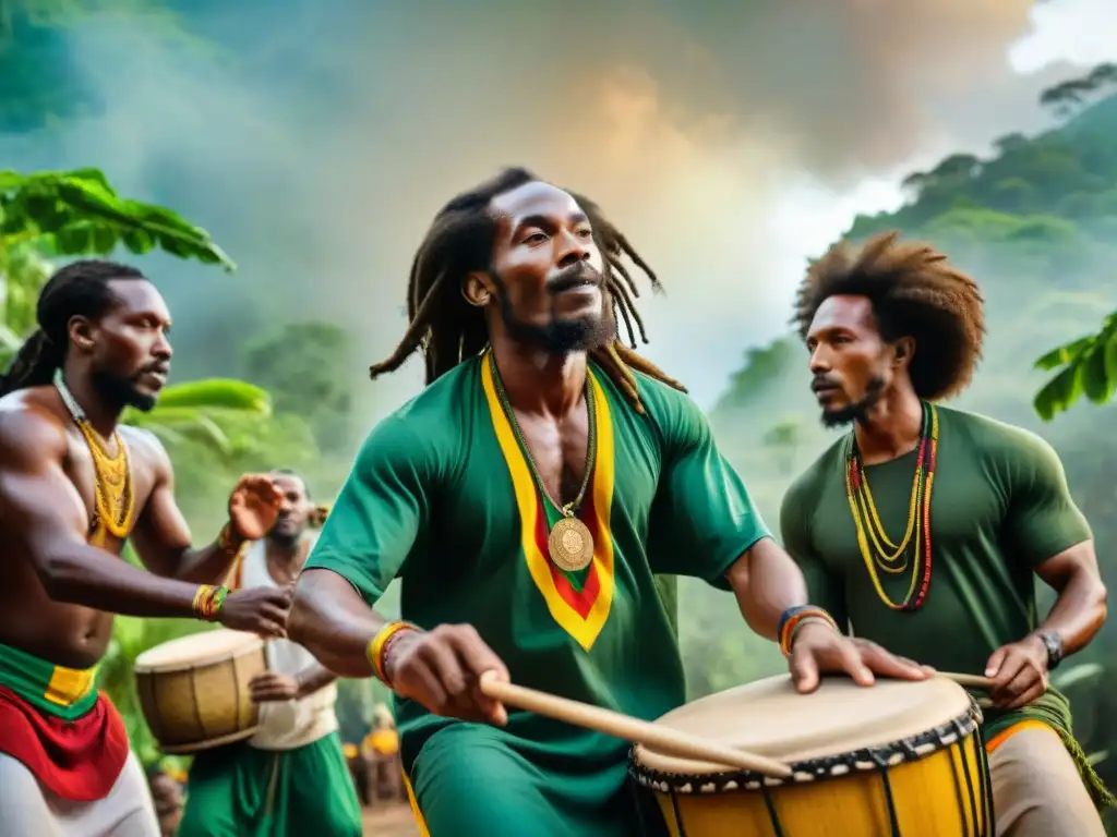 Ritmo y espiritualidad: Rastafarianos tocando tambores Nyabinghi en ceremonia religiosa en Jamaica