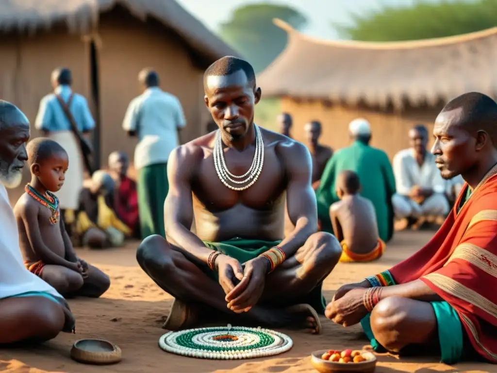 Rito de circuncisión en una aldea africana: ancianos, beadwork, jóvenes ansiosos y determinados, al atardecer