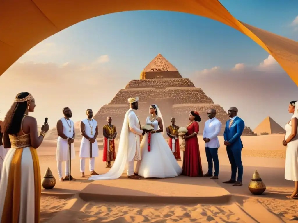 Ritos de paso en civilizaciones africanas: Matrimonio nubio bajo el sol dorado y las pirámides majestuosas al fondo