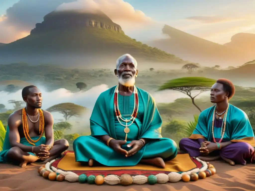 Ritual africano de comunicación divina entre ancianos, atuendos vibrantes y paisaje exuberante al atardecer