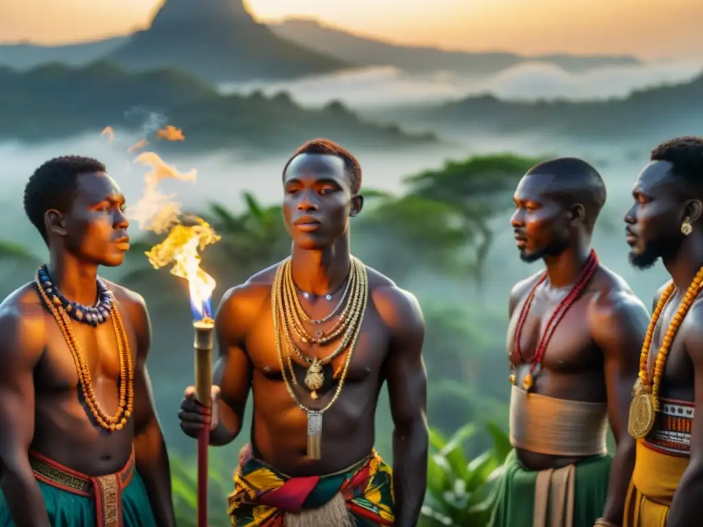 Un ritual africano al atardecer: vibrantes colores, máscaras tribales, antorchas