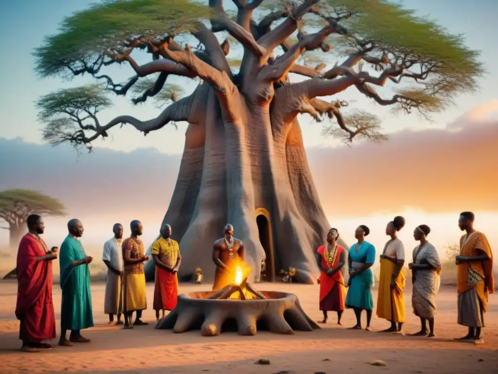 Un ritual africano bajo un baobab milenario, con danzas, tambores y vestimenta tradicional