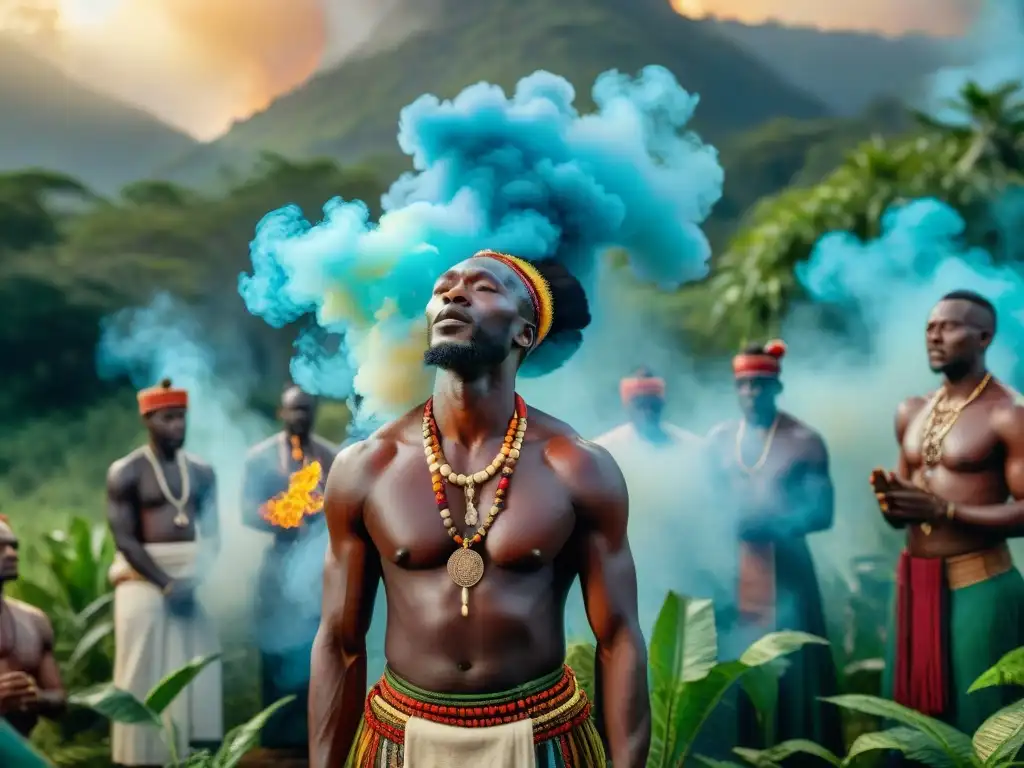 Un ritual africano con chamanes y sacerdotes en un bosque vibrante