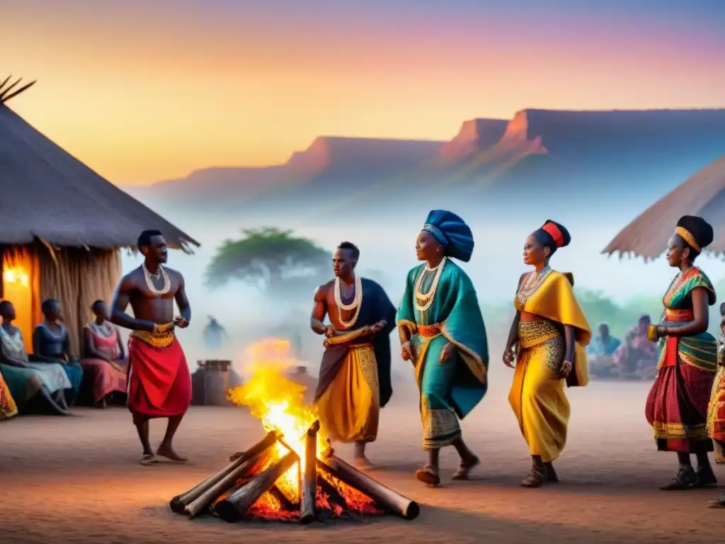 Ritual africano al amanecer con danza alrededor de fogata