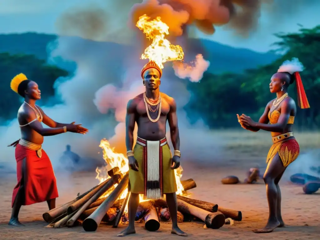 Ritual africano con danzas alrededor de fogata, vibrante y mística