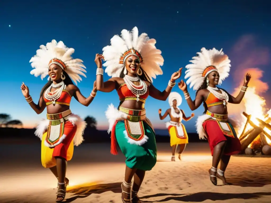 Un ritual africano alrededor de una fogata, con danzas y vestimentas coloridas