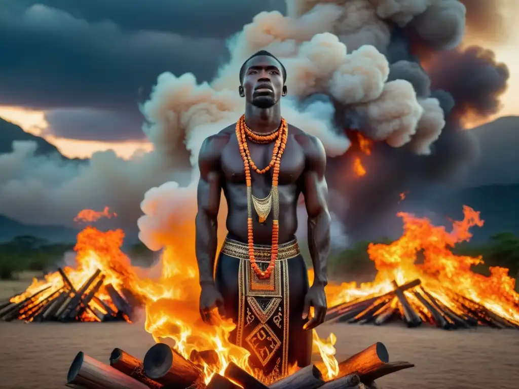 Un ritual africano con fuego purificador y escultura de madera en llamas