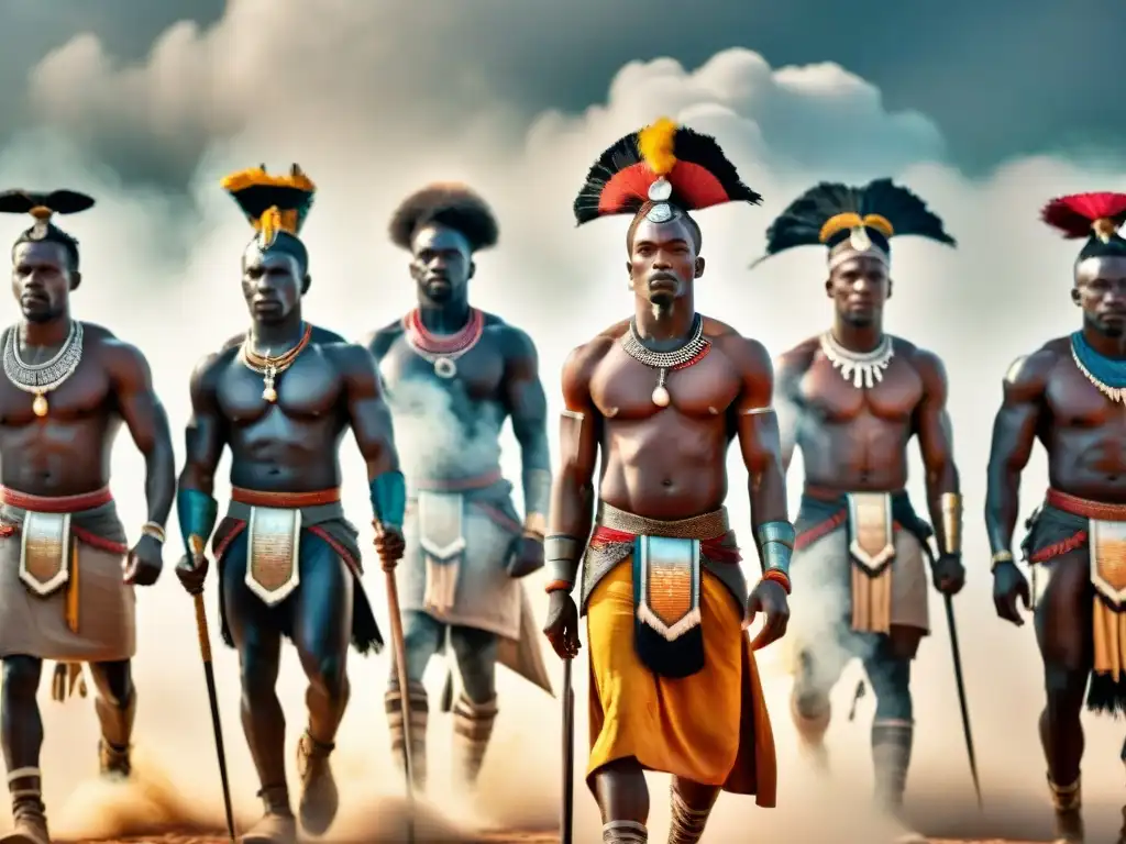 Un ritual africano con guerreros vestidos de forma tradicional portando simbólicas armas africanas