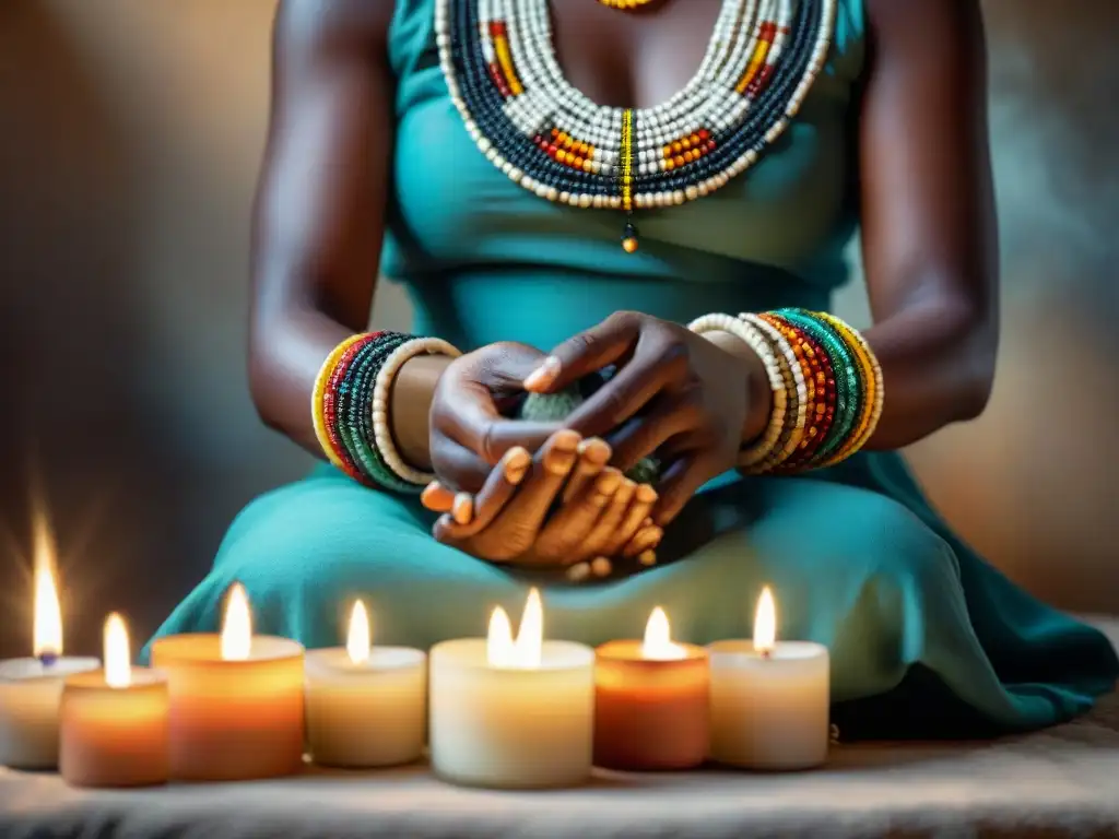 Un ritual de limpieza africano con hierbas aromáticas y pulseras de colores, en un ambiente místico con velas encendidas