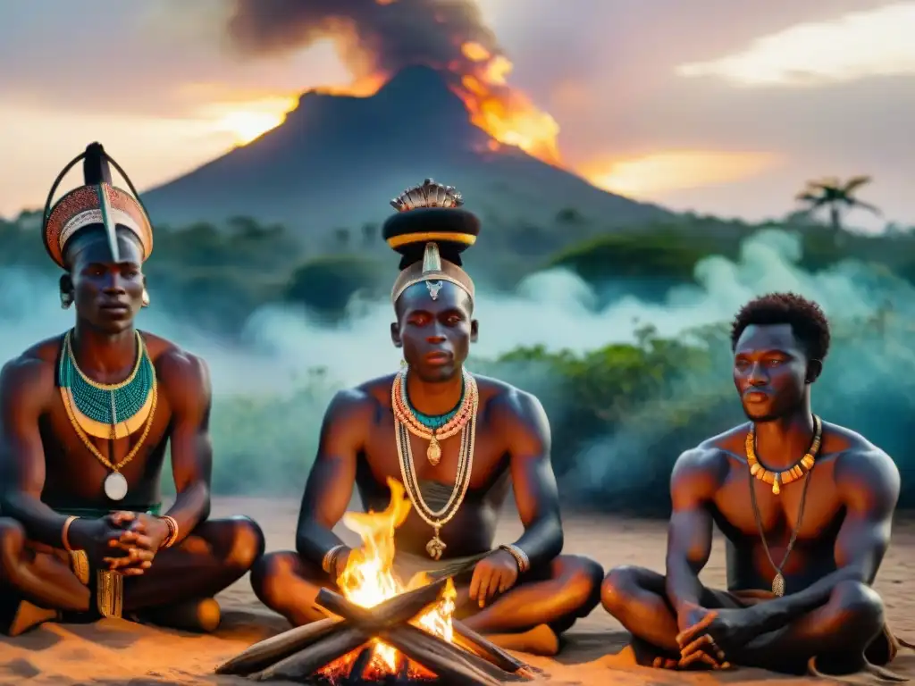 Un ritual africano al anochecer con máscaras y atuendos vibrantes alrededor del fuego, evocando el concepto de bien y mal en creencias espirituales