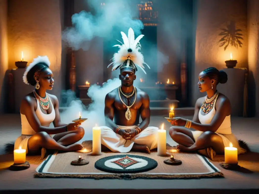 Un ritual vudú africano con practicantes en trance en una habitación ahumada