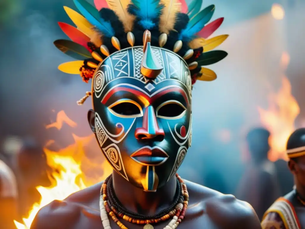 Un ritual africano sagrado con máscara tribal tallada en madera, colores vibrantes y patrones simbólicos