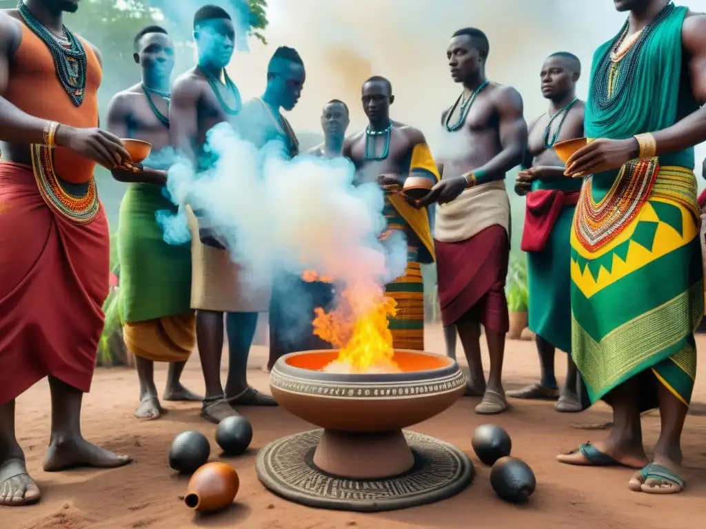 Ritual africano con simbolismo en la alimentación: ofrendas, vestimenta colorida y conexión espiritual en la naturaleza