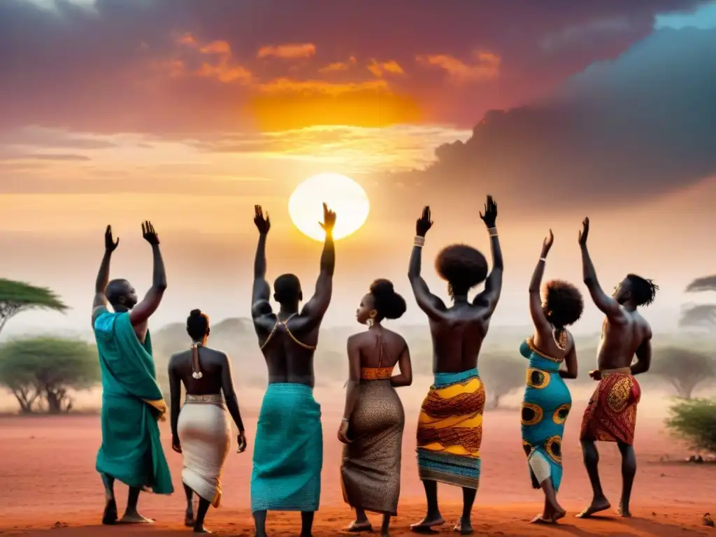 Un ritual de agradecimiento en África: gente en trajes tradicionales, descalzos sobre tierra roja, manos alzadas al sol poniente