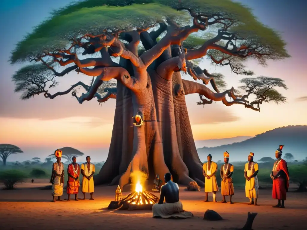 Ceremonia ancestral bajo el baobab: tradición africana Un ritual ancestral en África Central alrededor de un baobab iluminado por antorchas