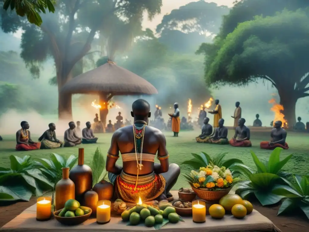 Ritual ancestral en la selva: conexión espiritual africana Ritual ancestral en África Central: Ancianos en trajes tradicionales honran a sus antepasados en el bosque