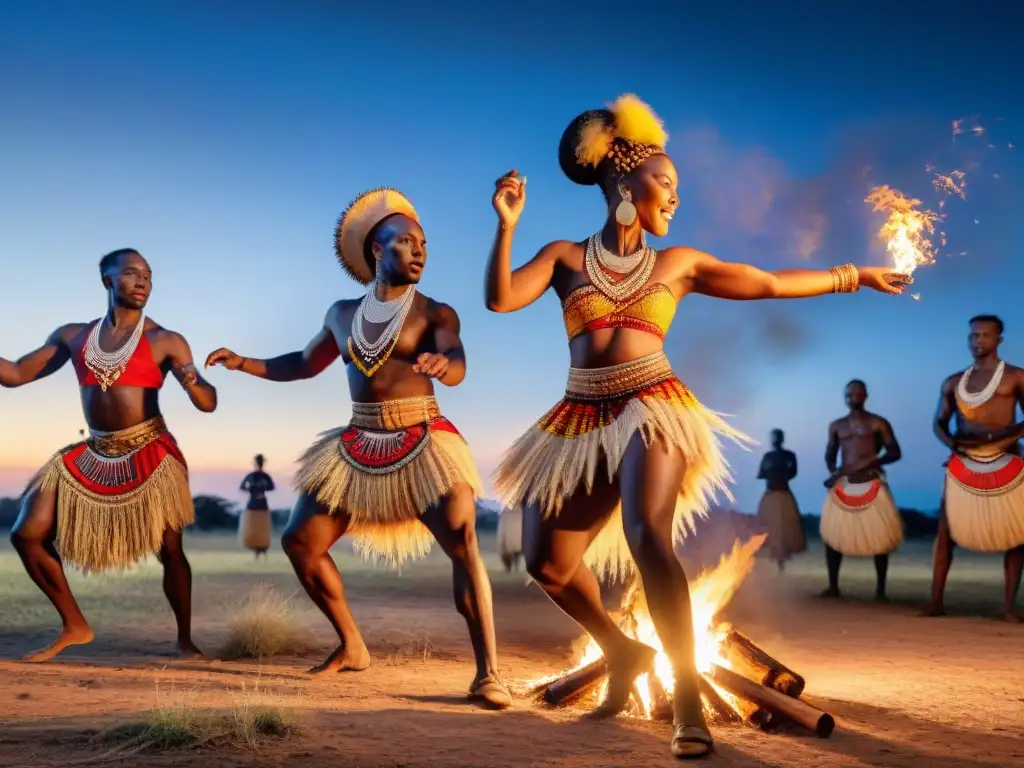 Un ritual ancestral: danzas sagradas culturas africanas alrededor de una fogata bajo un cielo estrellado en la sabana africana