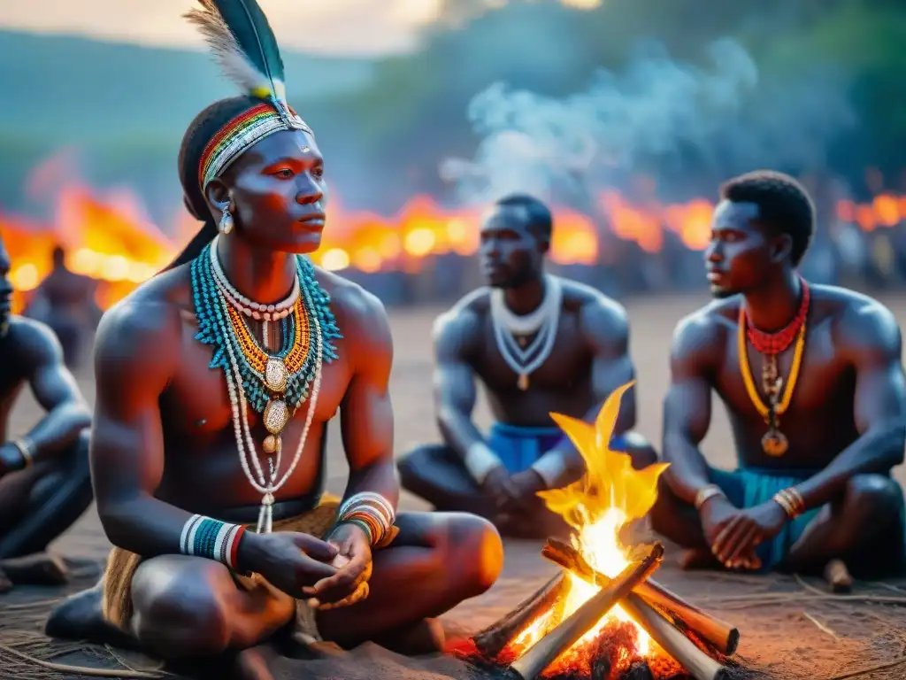 Ritual ancestral alrededor de fogata en tribu africana, con atuendos ceremoniales coloridos y conexión espiritual