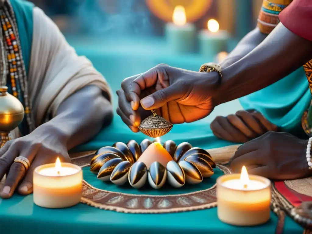 Un ritual de adivinación en un bullicioso mercado africano, ancianos rodean a un adivino lanzando conchas y huesos