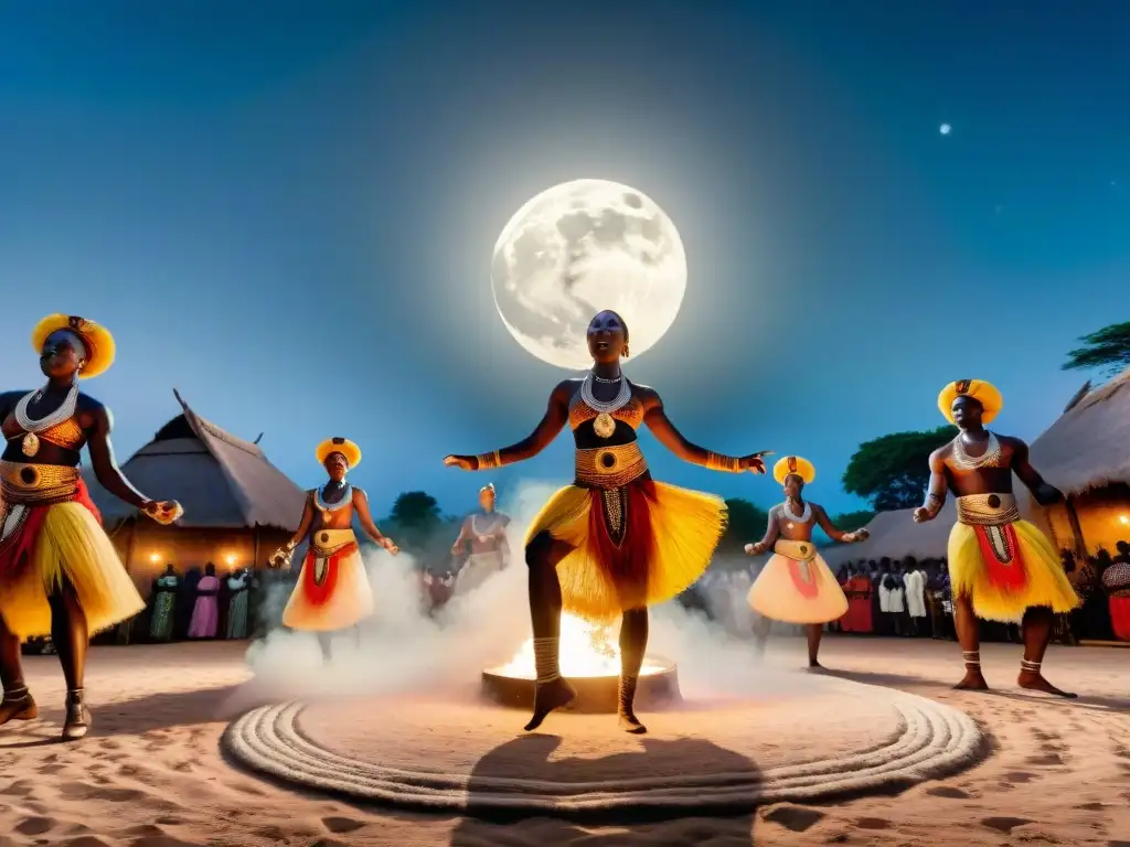 Un ritual de danza africana bajo la luna en la plaza del pueblo