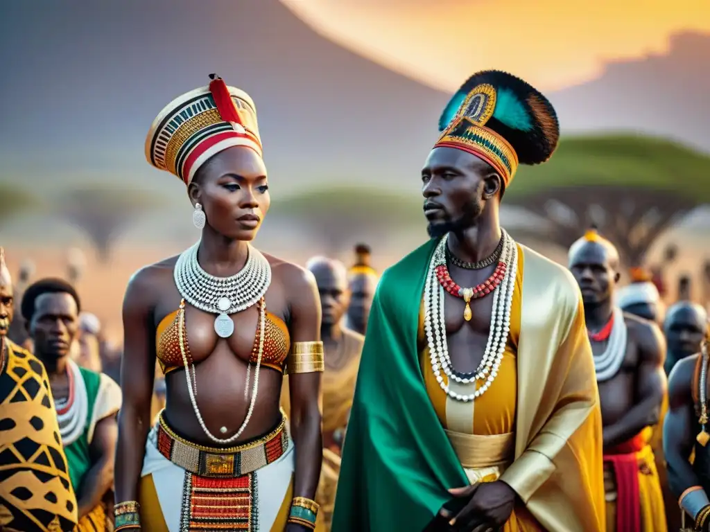 Un ritual de coronación en África con dignatarios, atuendos vibrantes y paisaje savannah al atardecer