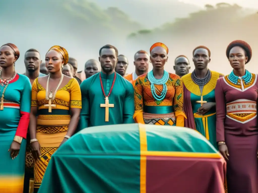 Un ritual funerario africano tradicional lleno de respeto y comunidad en un vibrante pueblo africano