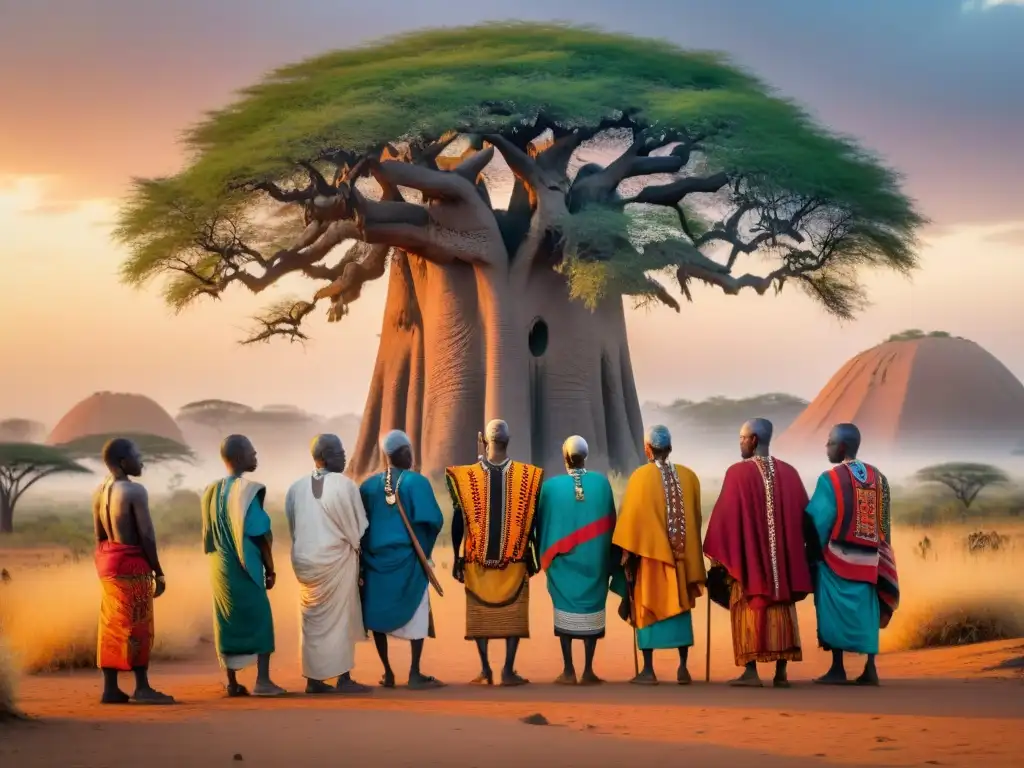 Ritual de transición del poder en civilizaciones africanas: ancianos en círculo bajo un baobab al atardecer