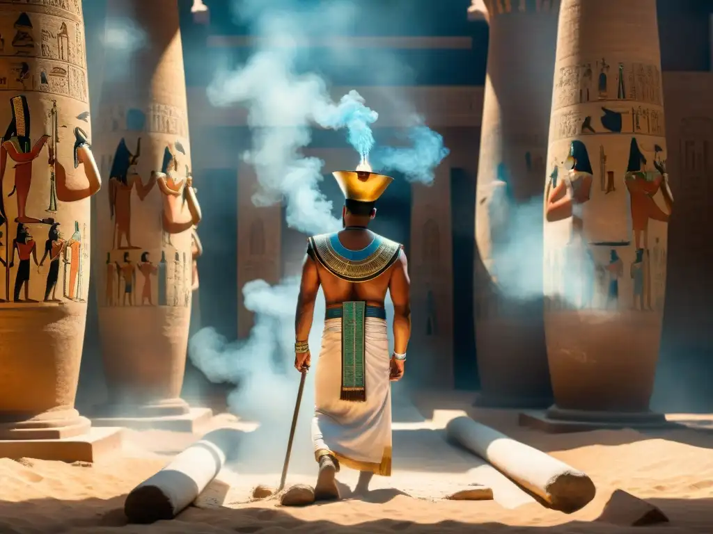 Ritual sagrado en templo egipcio: sacerdotes antiguos Ritual de sacerdotes egipcios antiguos en templo con jeroglíficos, antorchas y misticismo