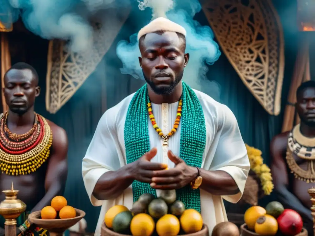 Ritual sagrado africano con máscaras talladas y ofrendas de frutas y flores, reflejando creencias en religiones tradicionales africanas