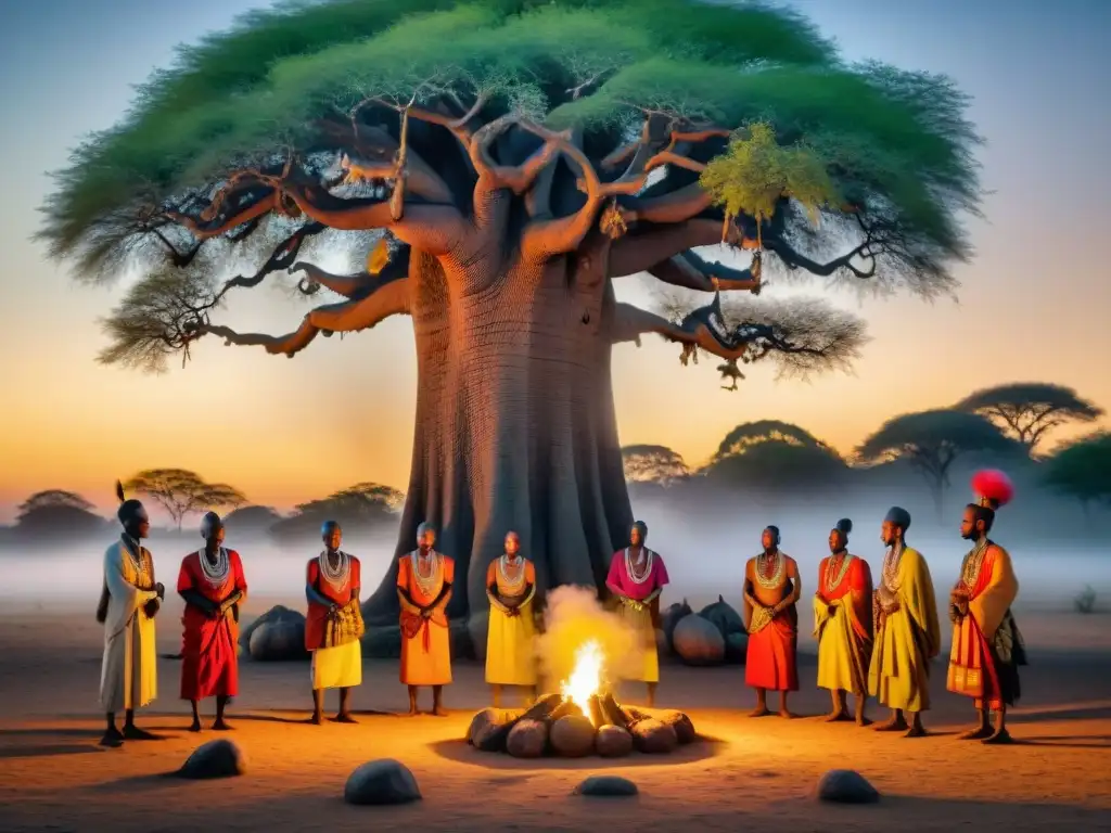 Ritual sagrado bajo el baobab: Devotos africanos en vibrante ceremonia Un ritual sagrado bajo un baobab para las Deidades del África Central místicas