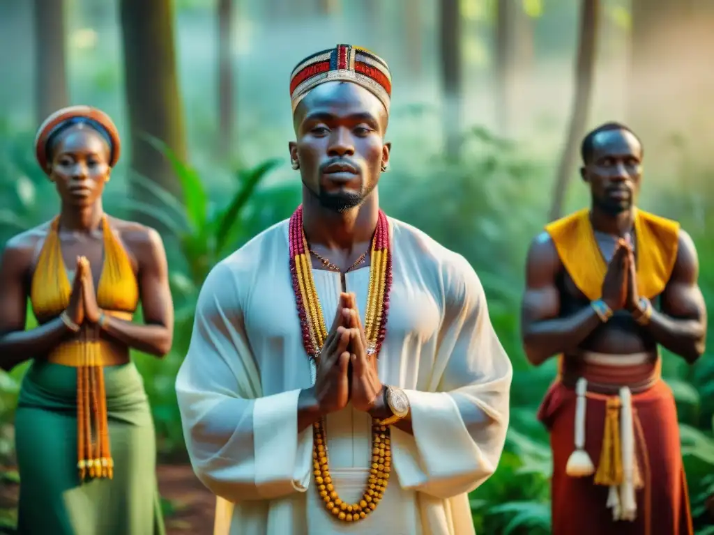 Un ritual sagrado en un claro del bosque africano al atardecer, con participantes vestidos en atuendos tradicionales