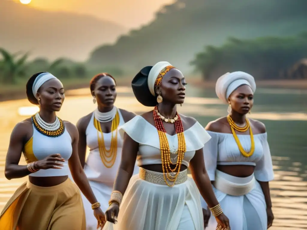 Ritual sagrado de danza en honor a la diosa Oshun, con mujeres Yoruba vistiendo blanco y joyas, en el río al atardecer