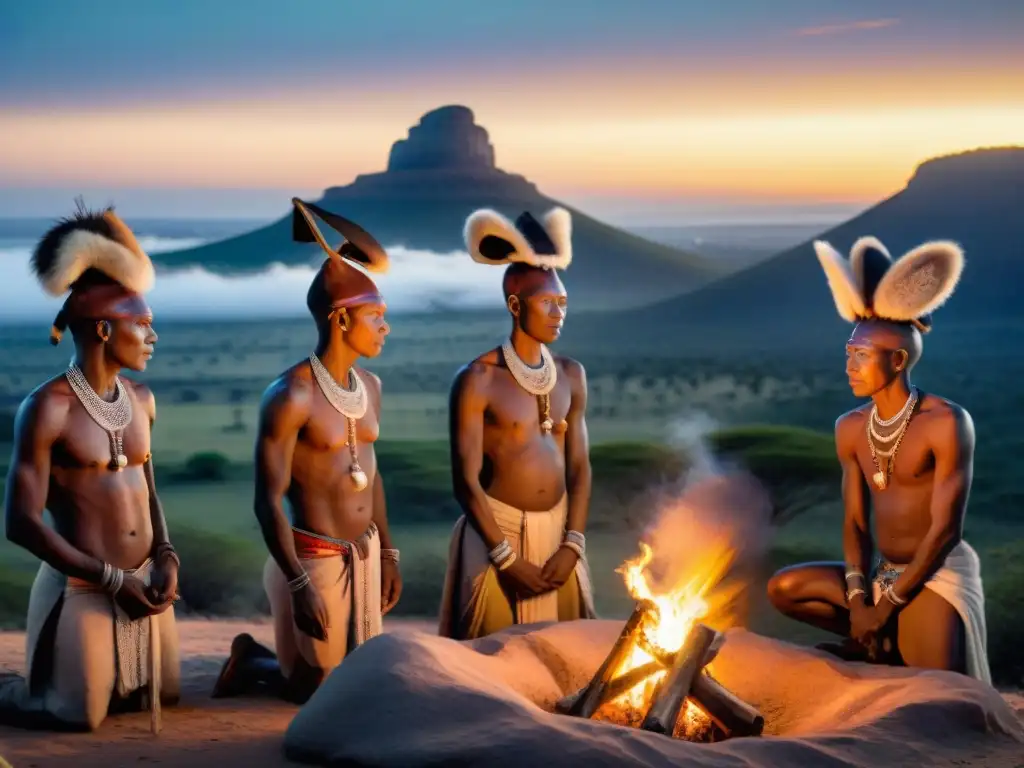 Ritual sagrado de los San en África, danzando alrededor del fuego con máscaras de animales en mitología surafricana bajo un cielo estrellado