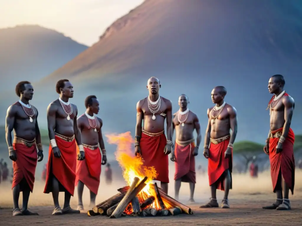 Un ritual sagrado de guerreros Maasai en la sabana africana al atardecer