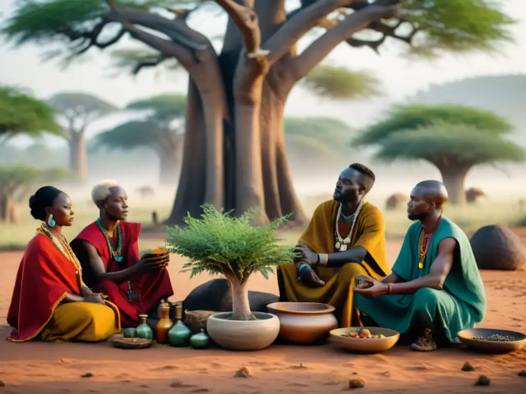 Un ritual de sanación ancestral en África bajo un baobab, con curanderos y plantas