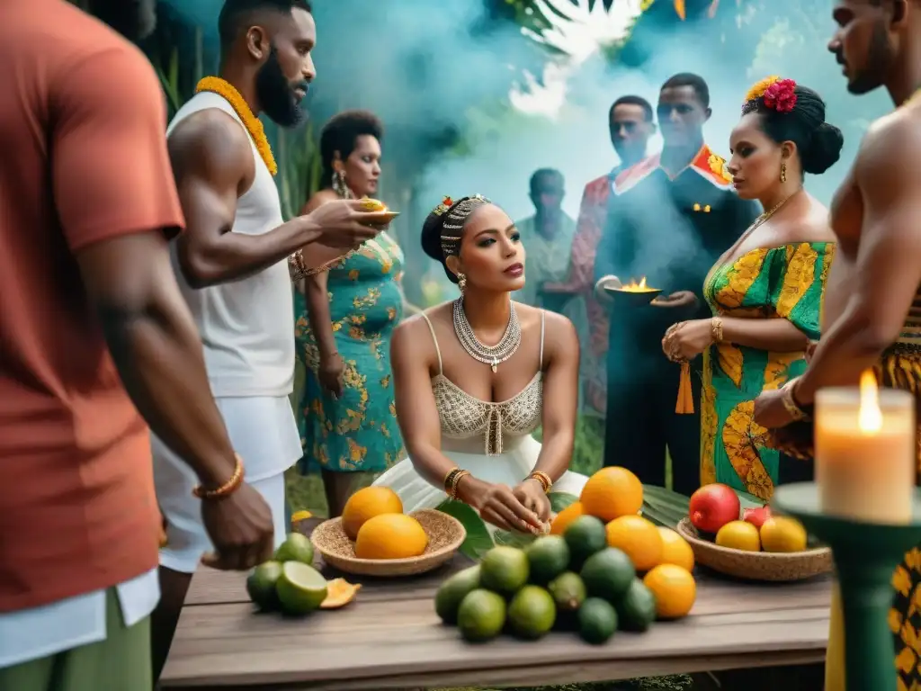 Ritual de sincretismo afrocubano con Orishas, santos y ofrendas de frutas y velas