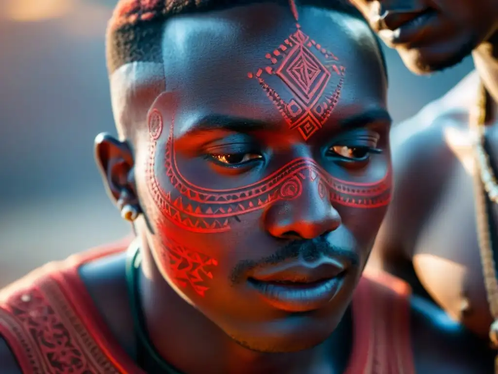 Un ritual de tatuaje y escarificación africano: diseño intrincado siendo grabado en la piel, concentración y orgullo en los ojos