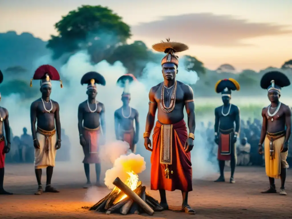 Ritual ancestral al atardecer en África Central Un ritual tradicional en África Central al anochecer, con Deidades del África Central místicas